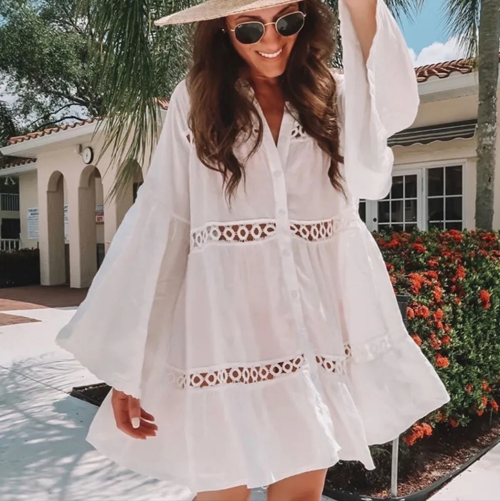 New Beachy Open Cut Out Tunic Button Up Cover Up Top Dress White - Picture 8 of 13